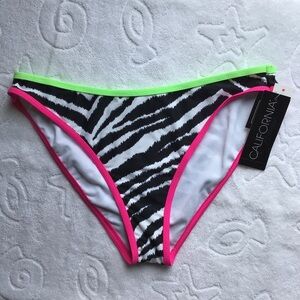 California Waves Zebra Print Neon Trim High Leg Bikini Bottom - Size Medium